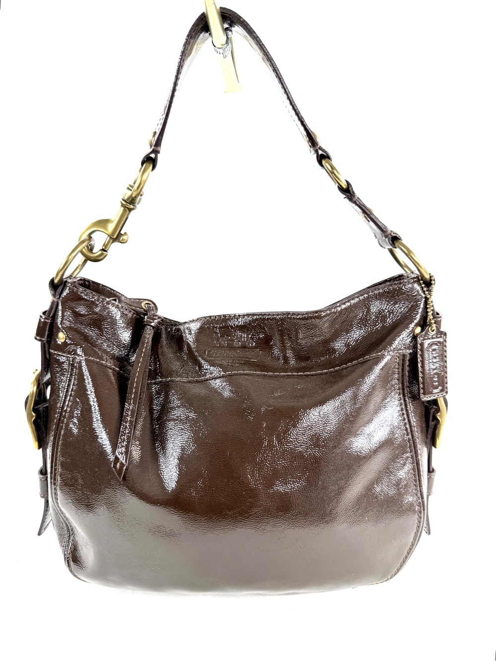 Coach 12735 Zoe Hobo Brown Patent Leather Shoulder Bag Belted Buckles Brass Y2K